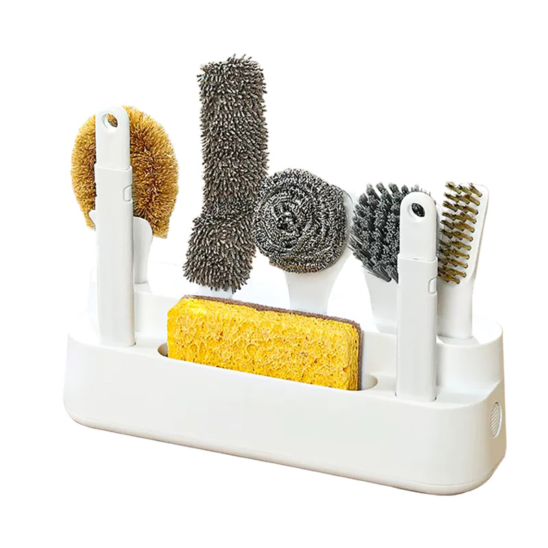 BNW2283 Dish Brush Set of 7 with Holder for Scrubing Dishes Pots Pans Bowls Plates Bottles Sinks Grills Kitchen Counter Microwaves,Organize in 1,Easy Storage,Compact design,Exchangeable handle,Drainage Design